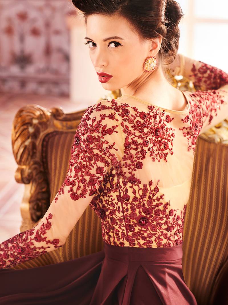 Khwaab Brown Scuba Creased Evening Partywear Embroidered Stitched Gown