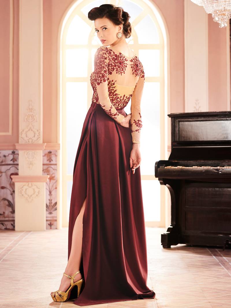 Khwaab Brown Scuba Creased Evening Partywear Embroidered Stitched Gown