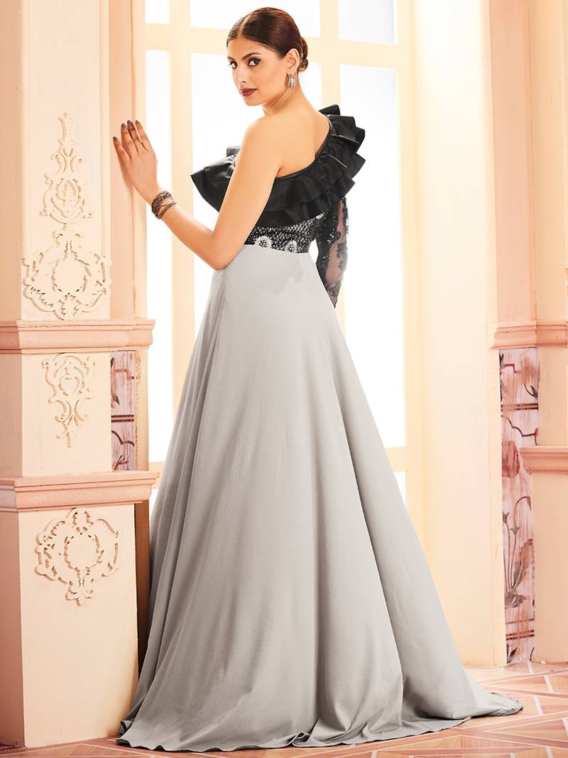 Khwaab Sequins Ruffle Empire Evening Partywear Embroidered Stitched Gown