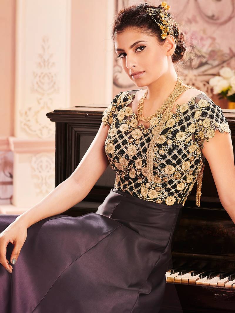 Khwaab Black Purple Ombre Embroidered Stitched Gown