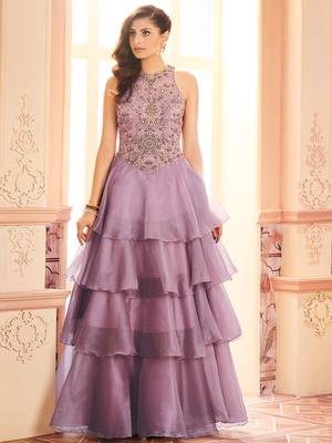 Khwaab Asymmetrical Maroon Embroidered Layer Stitched Gown 1