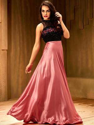Khwaab Rose pink satin partywear Embroidered Stitched Gown 4