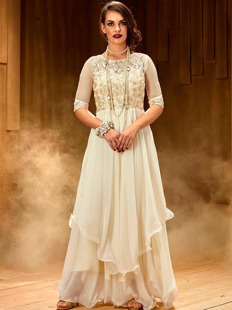 cream net dress Cream color heavy embroidered net party wear gown dress Kasturi Creations