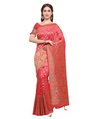 Inddus Pink Banarasi Art Silk Zari Woven Saree With Blouse 1