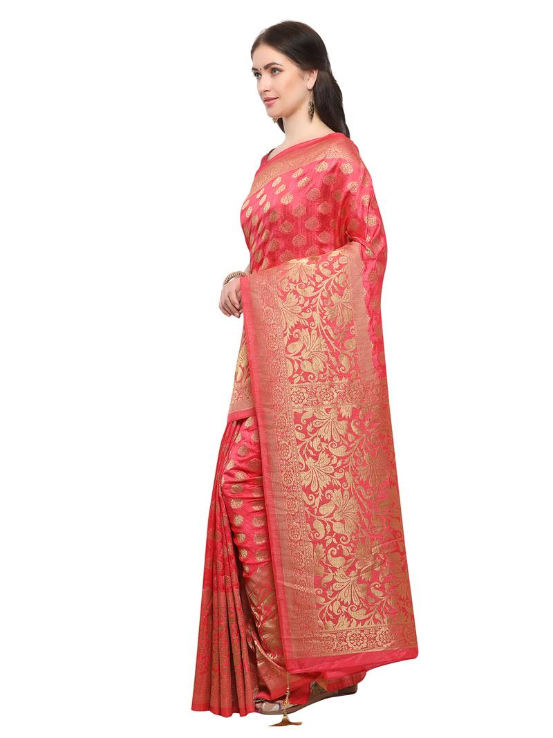 Inddus Pink Banarasi Art Silk Zari Woven Saree With Blouse