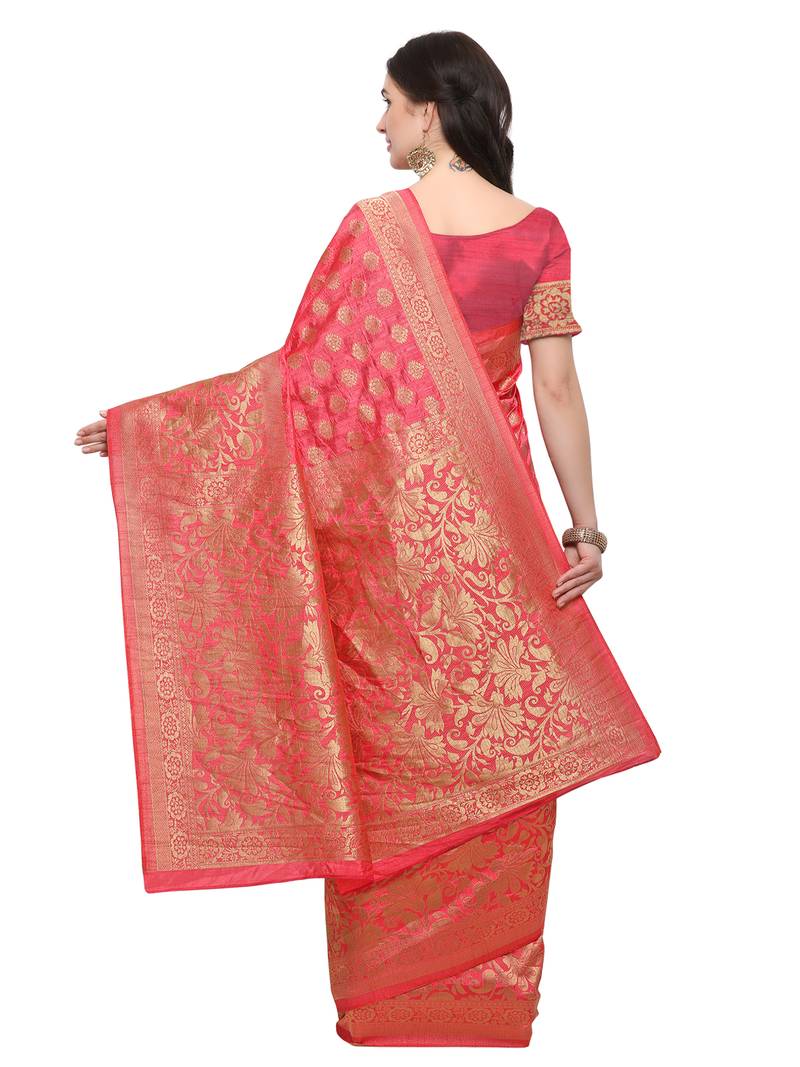 Inddus Pink Banarasi Art Silk Zari Woven Saree With Blouse