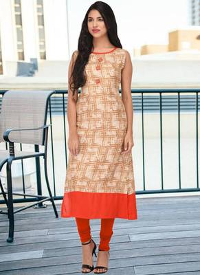 Cream printed rayon stitched kurti 1