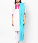 Turquoise Cotton Solid Dupatta with Pom Pom Border