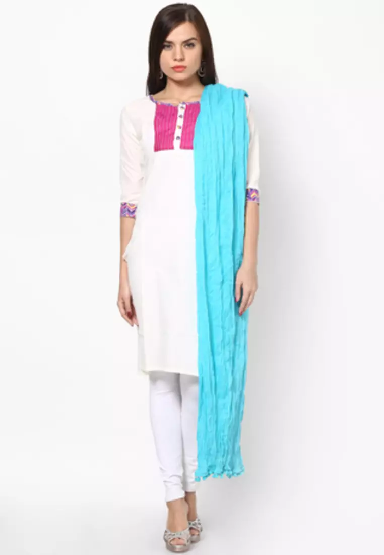 Turquoise Cotton Solid Dupatta with Pom Pom Border