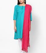 Pink Cotton Solid Dupatta with Pom Pom Border