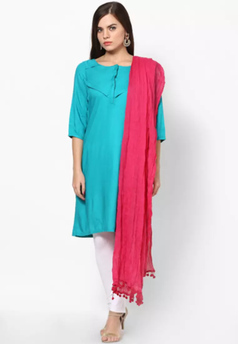 Pink Cotton Solid Dupatta with Pom Pom Border