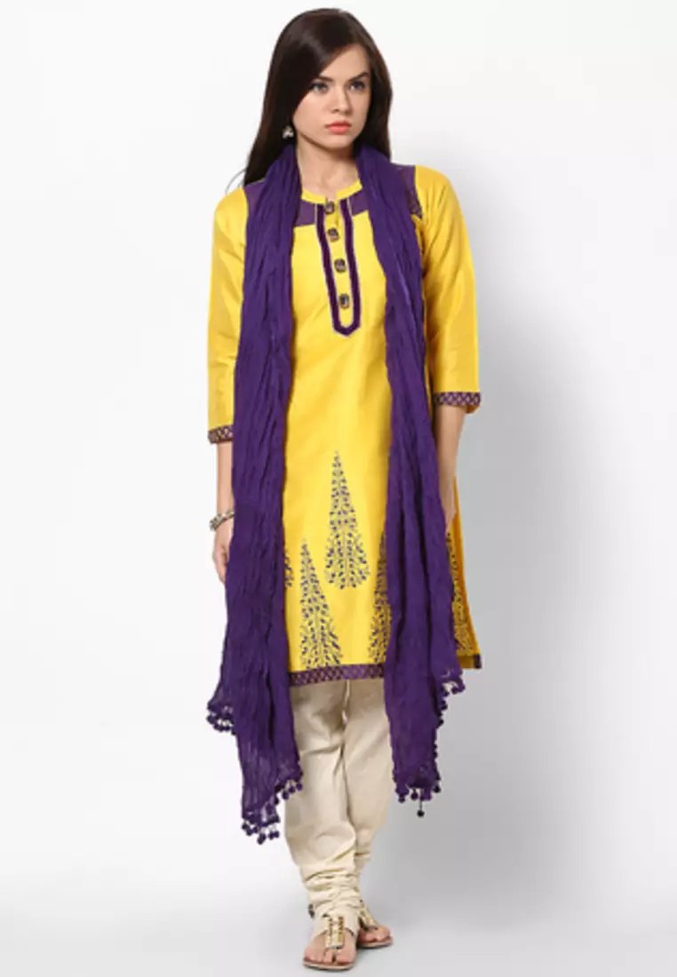 Purple Cotton Solid Dupatta with Pom Pom Border