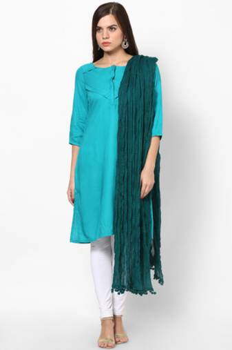 Green Cotton Solid Dupatta with Pom Pom Border