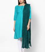 Green Cotton Solid Dupatta with Pom Pom Border