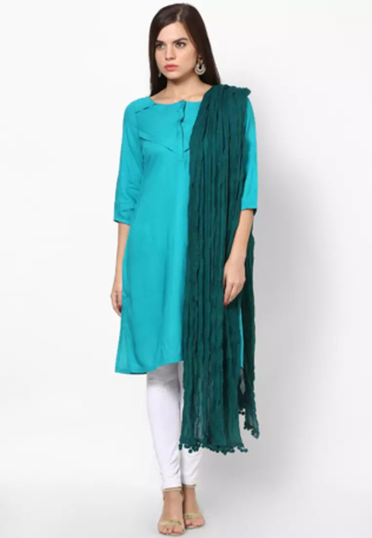 Green Cotton Solid Dupatta with Pom Pom Border