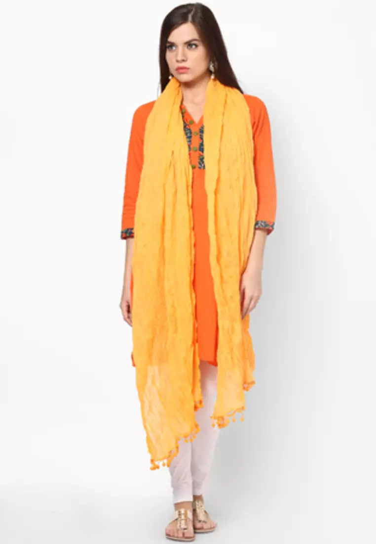 Yellow Cotton Solid Dupatta with Pom Pom Border