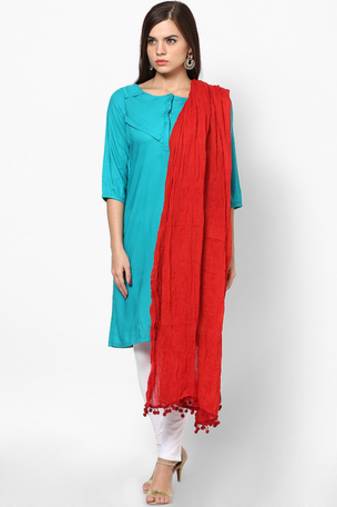 Red Cotton Solid Dupatta with Pom Pom Border