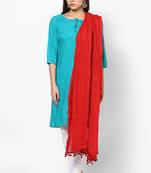 Red Cotton Solid Dupatta with Pom Pom Border
