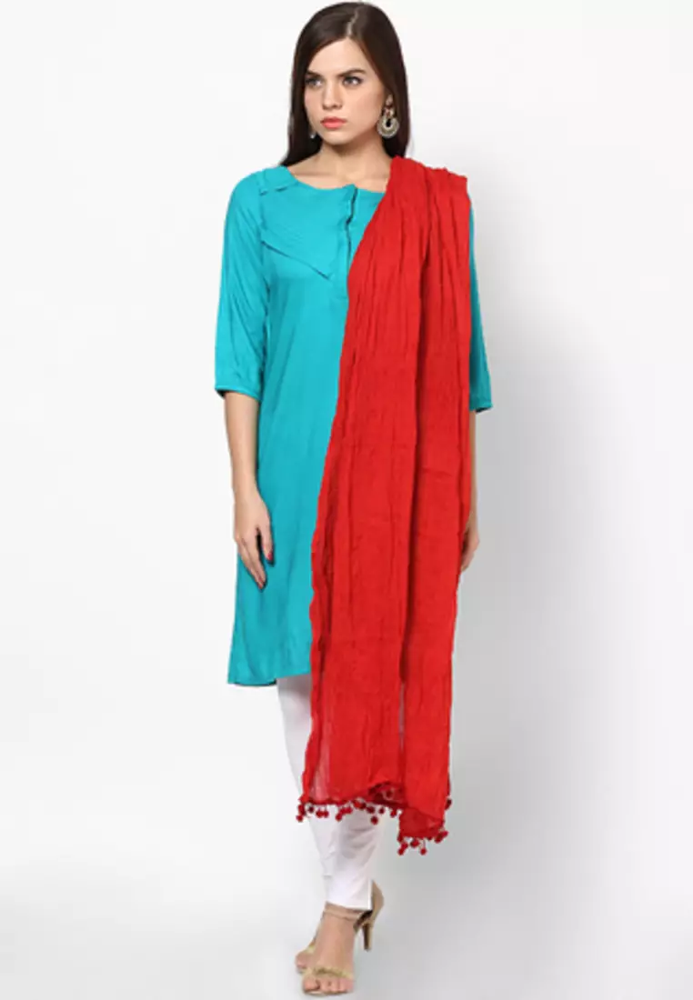 Red Cotton Solid Dupatta with Pom Pom Border