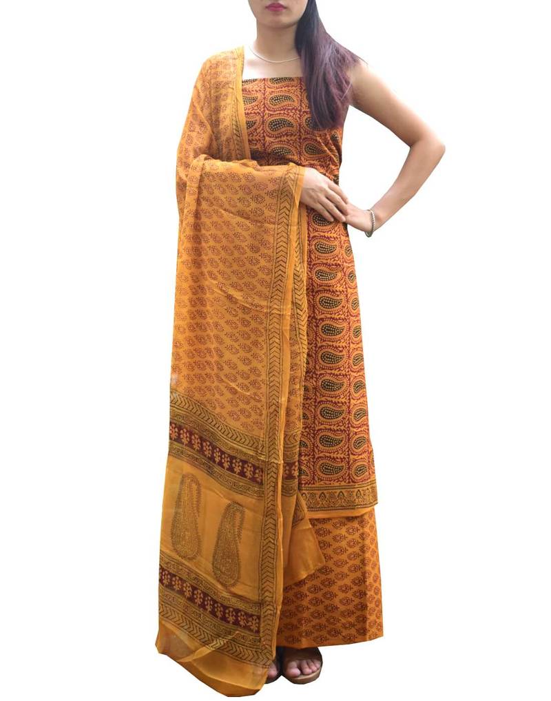 Bagh Print Unstitched Cotton Salwar Suit & Chiffon Dupatta Mustard Yellow