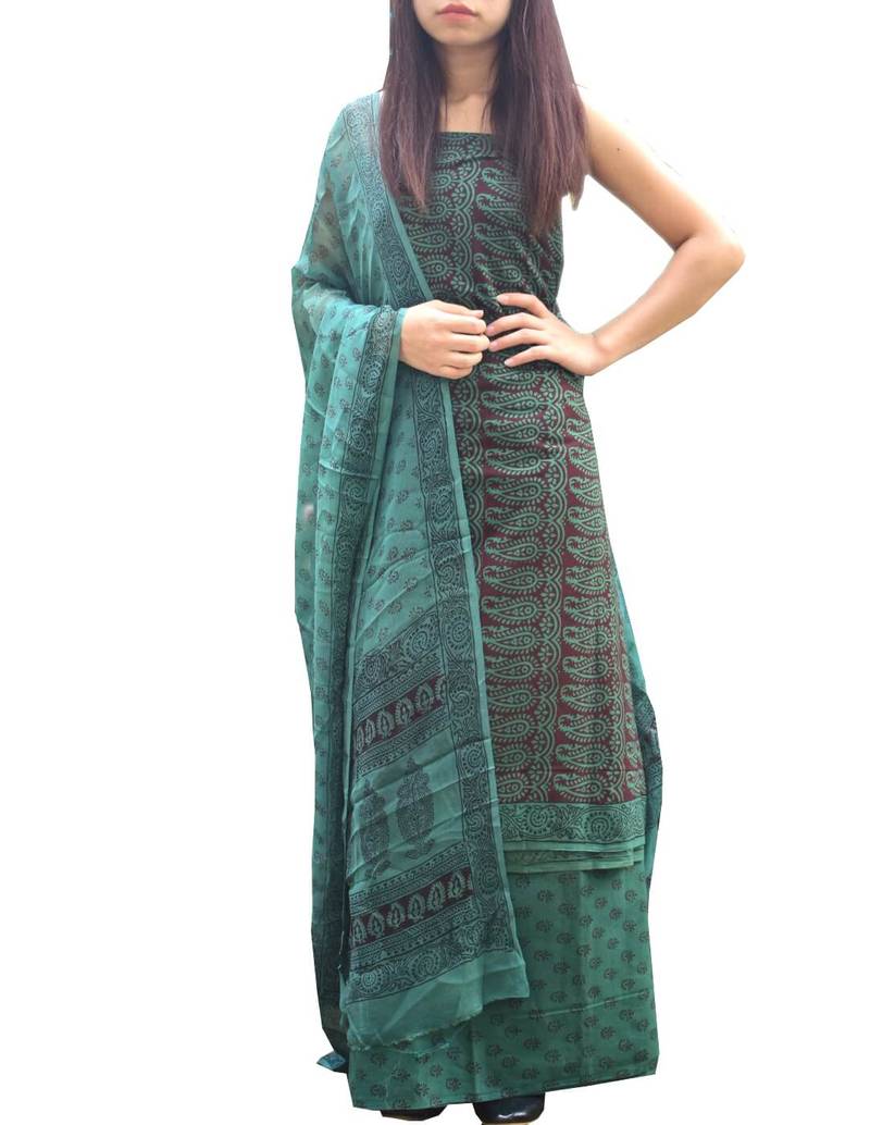 Bagh Print Unstitched Cotton Salwar Suit  &  Chiffon Dupatta Green & Dark Brown