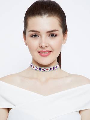 Zerokaata Blue And Red Delicate Geometric Pattern Seed Beads Handmade Jewellery Choker Fashion Necklace 1