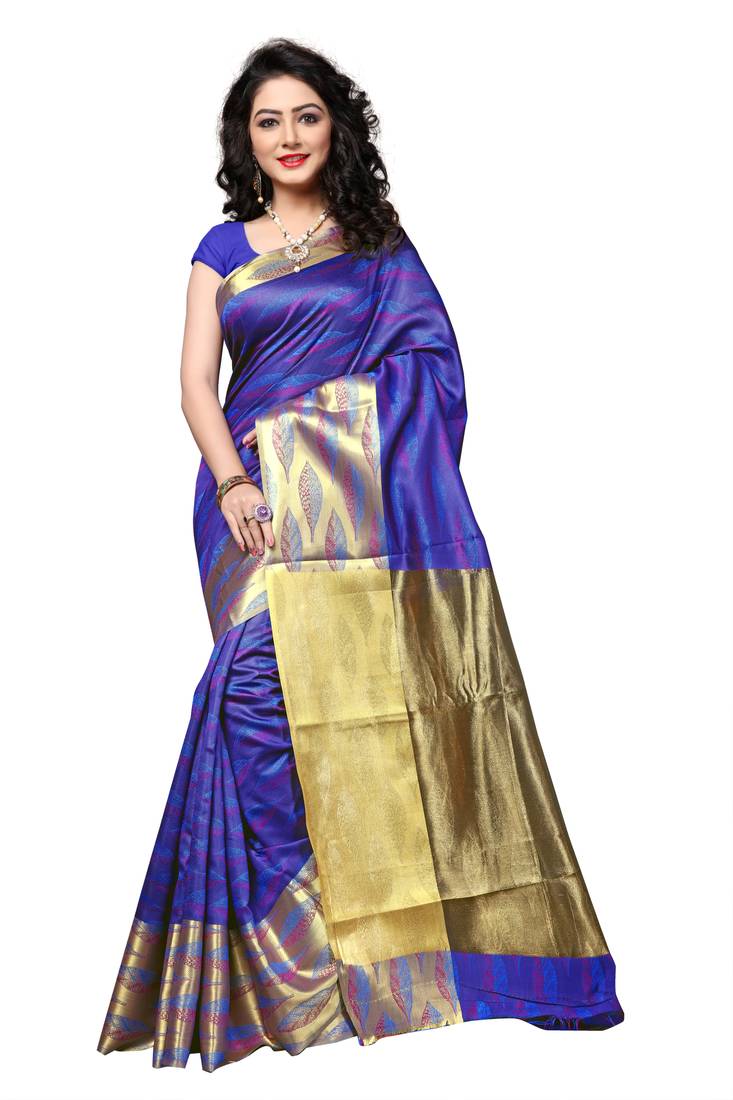 Blue woven cotton silk saree with blouse