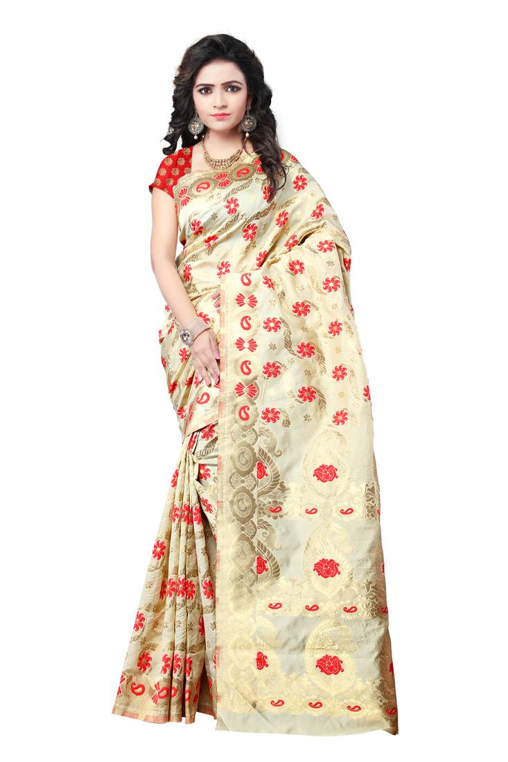 Cream woven art silk saree with blouse