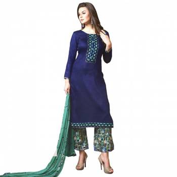 Blue Embroidered Lawn Cotton Unstitched Salwar With Dupatta 1