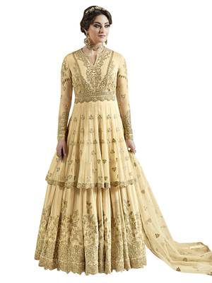 Yellow embroidered Net semi stitched salwar with dupatta 1