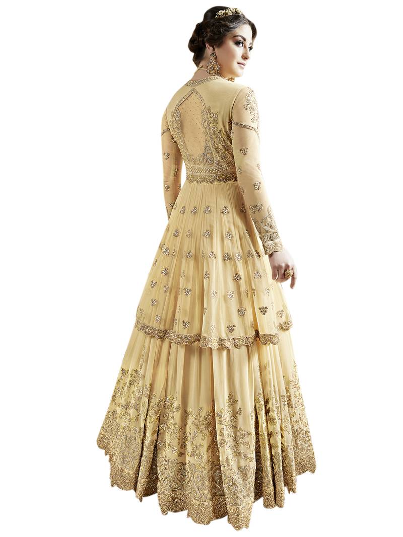 Yellow embroidered Net semi stitched salwar with dupatta