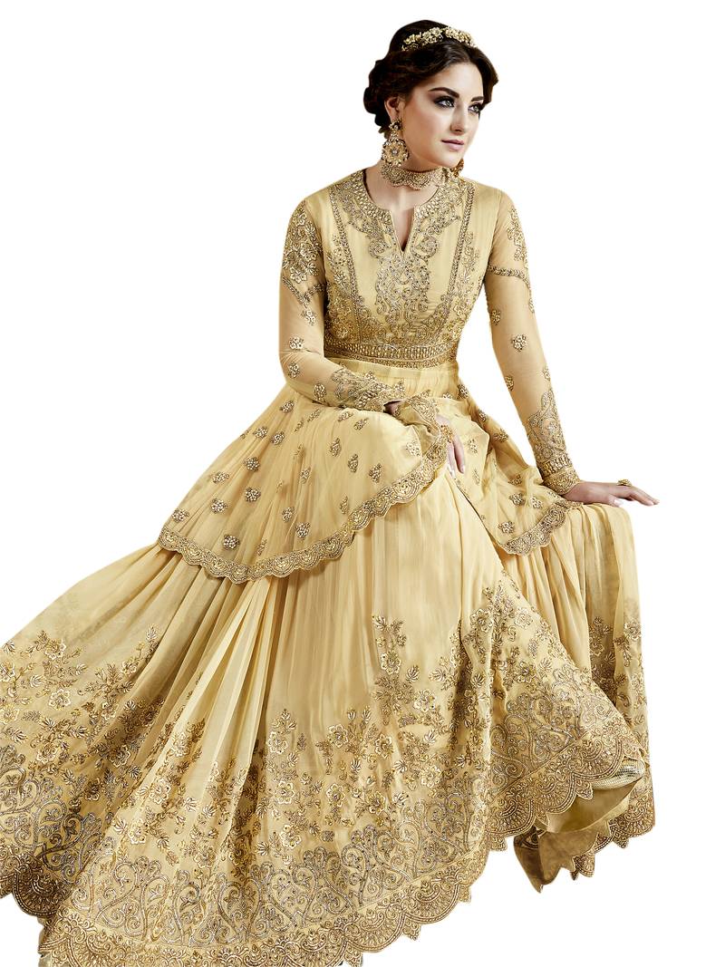 Yellow embroidered Net semi stitched salwar with dupatta