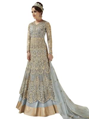 Grey embroidered Net semi stitched Anarkali Suit 1