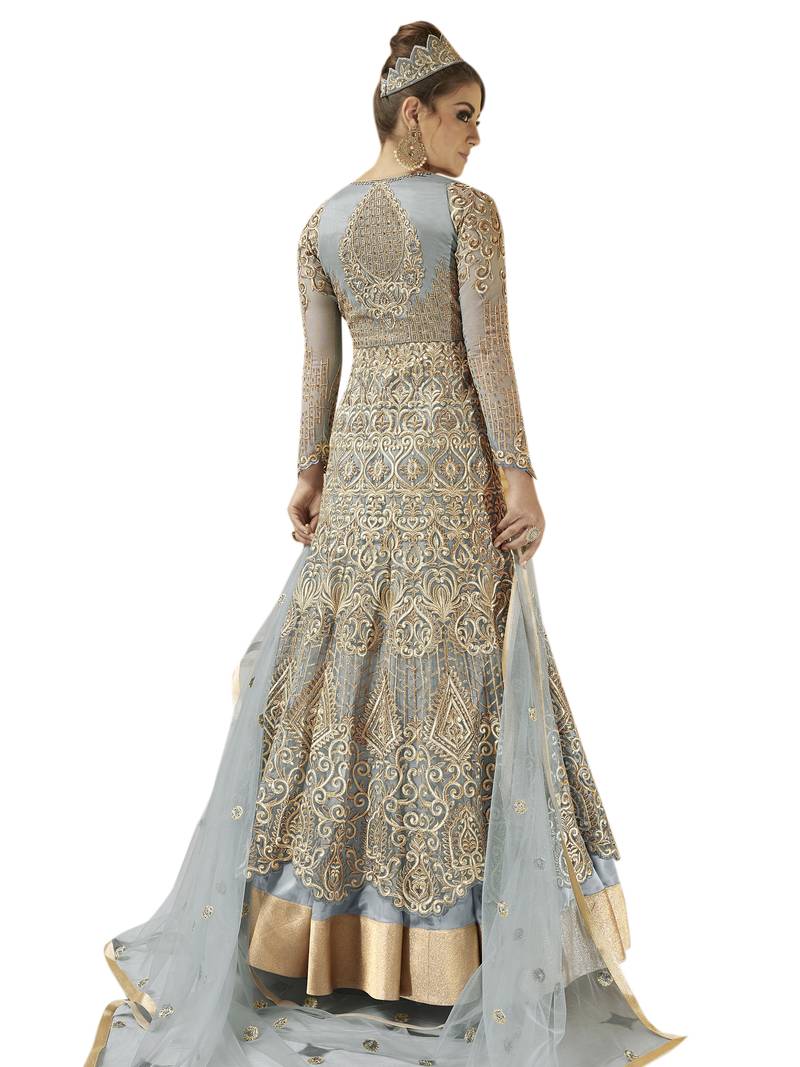 Grey embroidered Net semi stitched Anarkali Suit