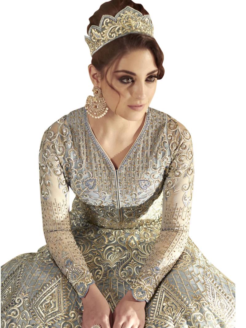 Grey embroidered Net semi stitched Anarkali Suit