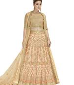 Peach embroidered Net semi stitched salwar with dupatta