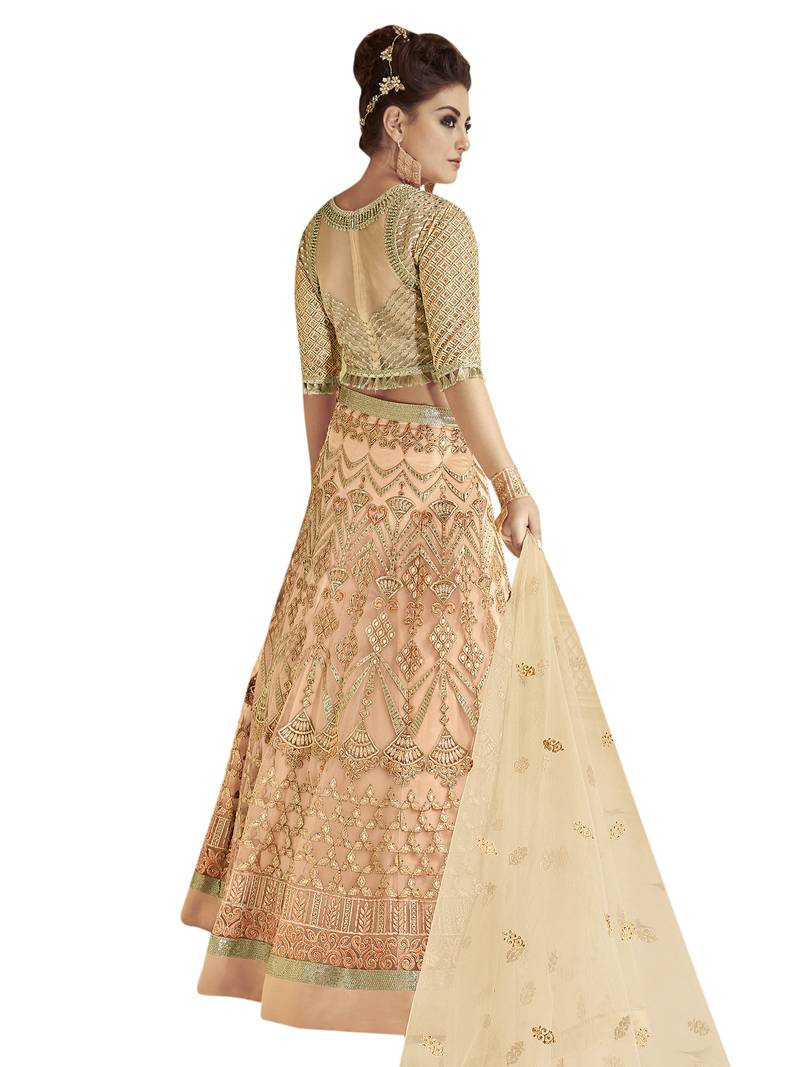 Peach embroidered Net semi stitched salwar with dupatta