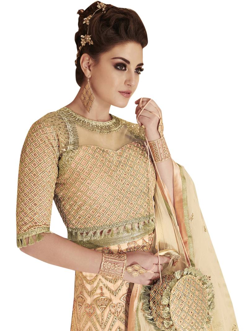 Peach embroidered Net semi stitched salwar with dupatta