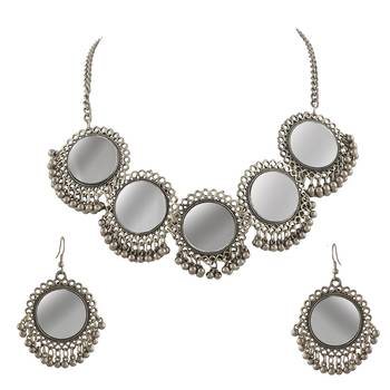 Silver Mirror And Ghungroo Necklace Set 1