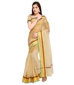 Beige Plain Pure Cotton Saree With Blouse