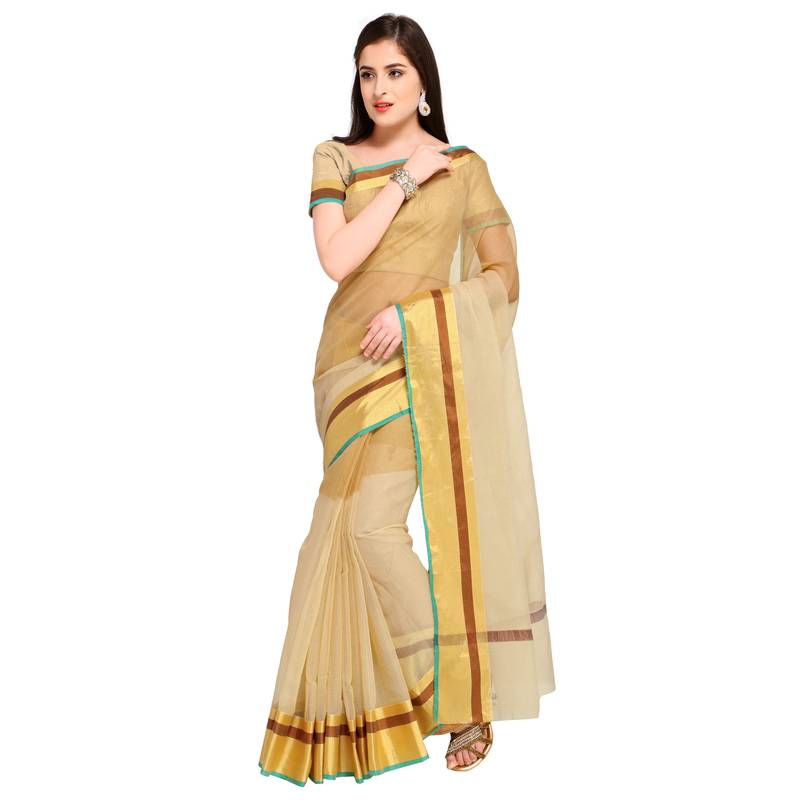 Beige Plain Pure Cotton Saree With Blouse