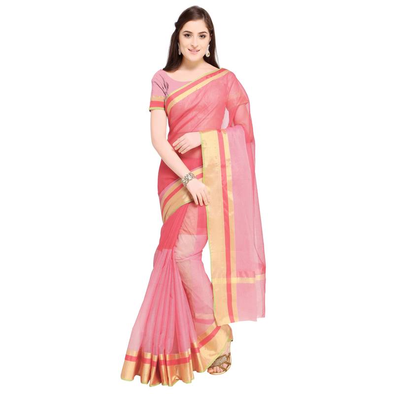 Peach Plain Pure Cotton Saree With Blouse