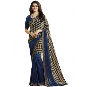 Blue printed georgette saree with blouse 1