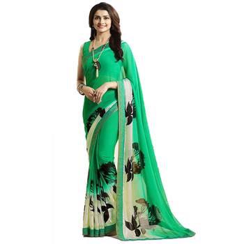 Green printed georgette saree with blouse 1