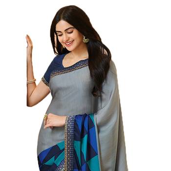 Grey printed georgette saree with blouse 2