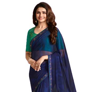 Navy blue plain georgette saree with blouse 2