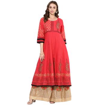 Red cotton block prints long anarkali kurti 1