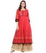 Red cotton block prints long anarkali kurti