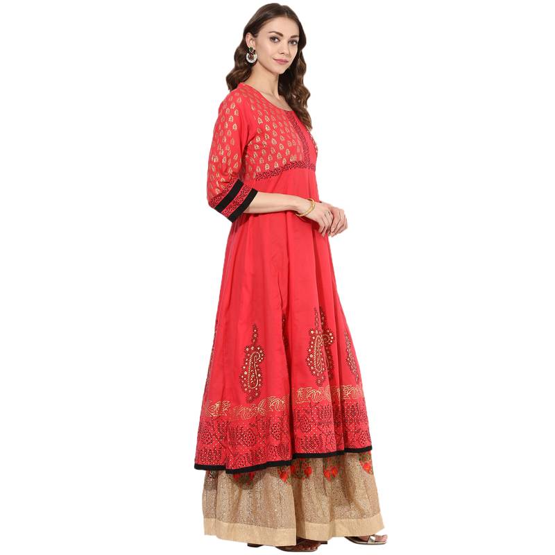 Red cotton block prints long anarkali kurti
