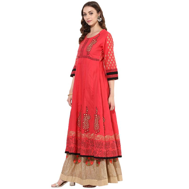 Red cotton block prints long anarkali kurti